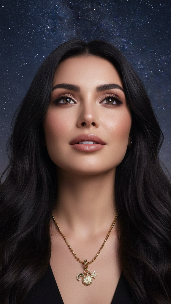 Woman wearing a necklace against a starry night sky background