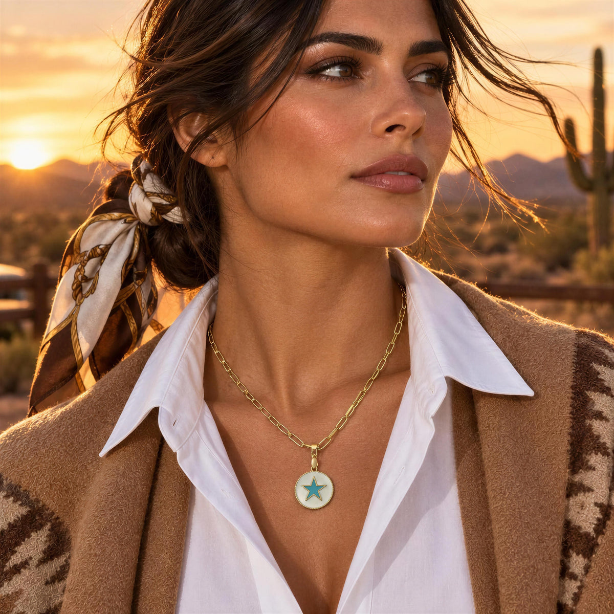A woman wearing a gold chain necklace with a round pendant featuring a turquoise star on a white background, styled with a white collared shirt and a brown patterned cardigan against a desert sunset backdrop.