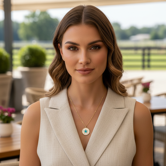 Woman wearing a beige sleeveless blazer with a blurred outdoor background and the Celestia Turquoise Star Necklace