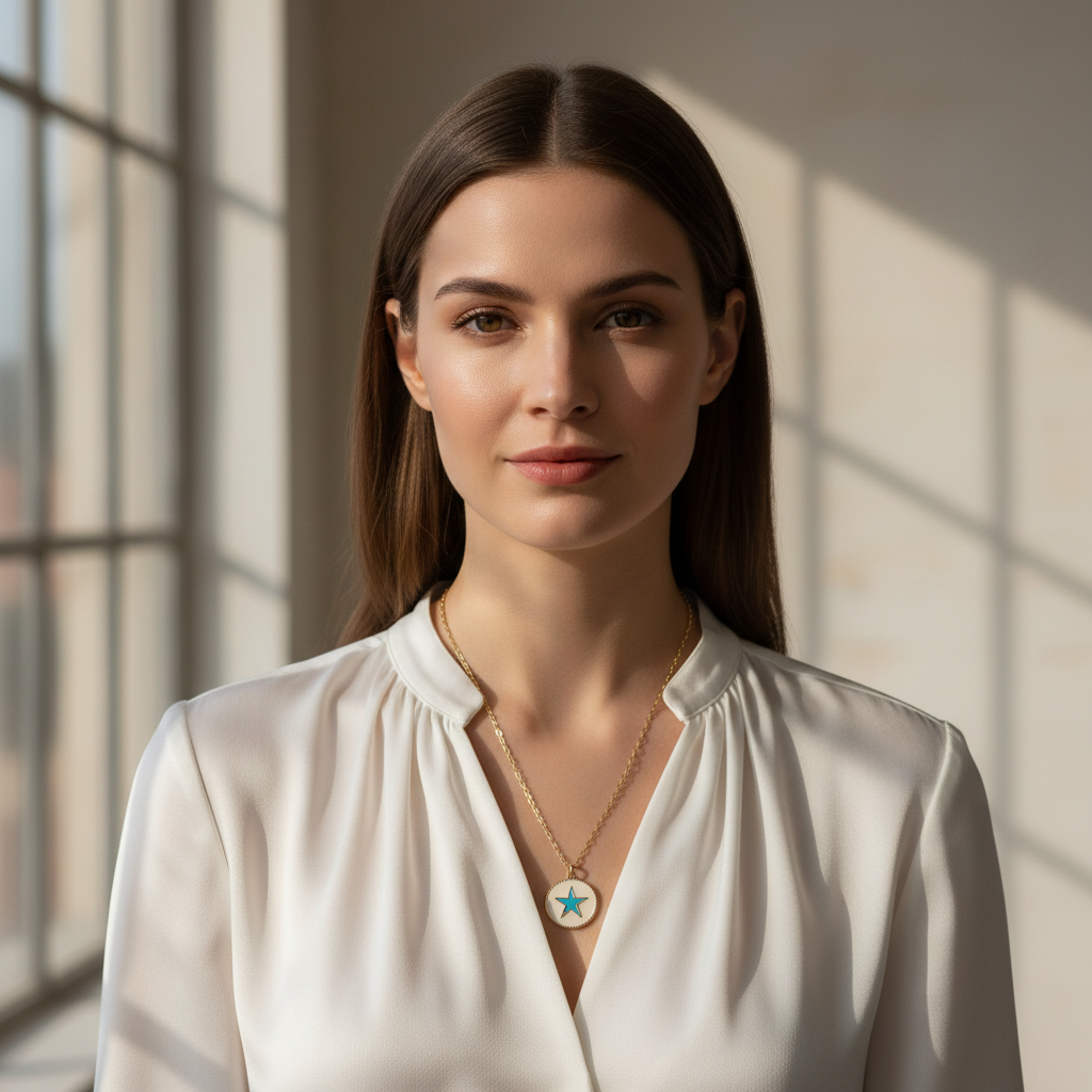Woman wearing a white blouse and necklace with a star pendant in a softly lit room.