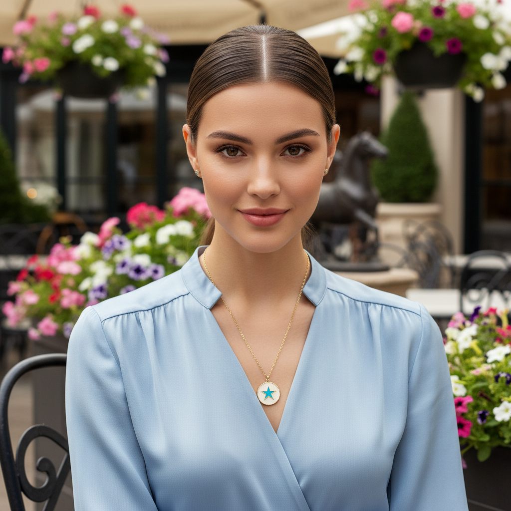 Woman wearing a light blue blouse with the Celestia Turquoise Star Necklace in an outdoor setting with flowers and sculptures.