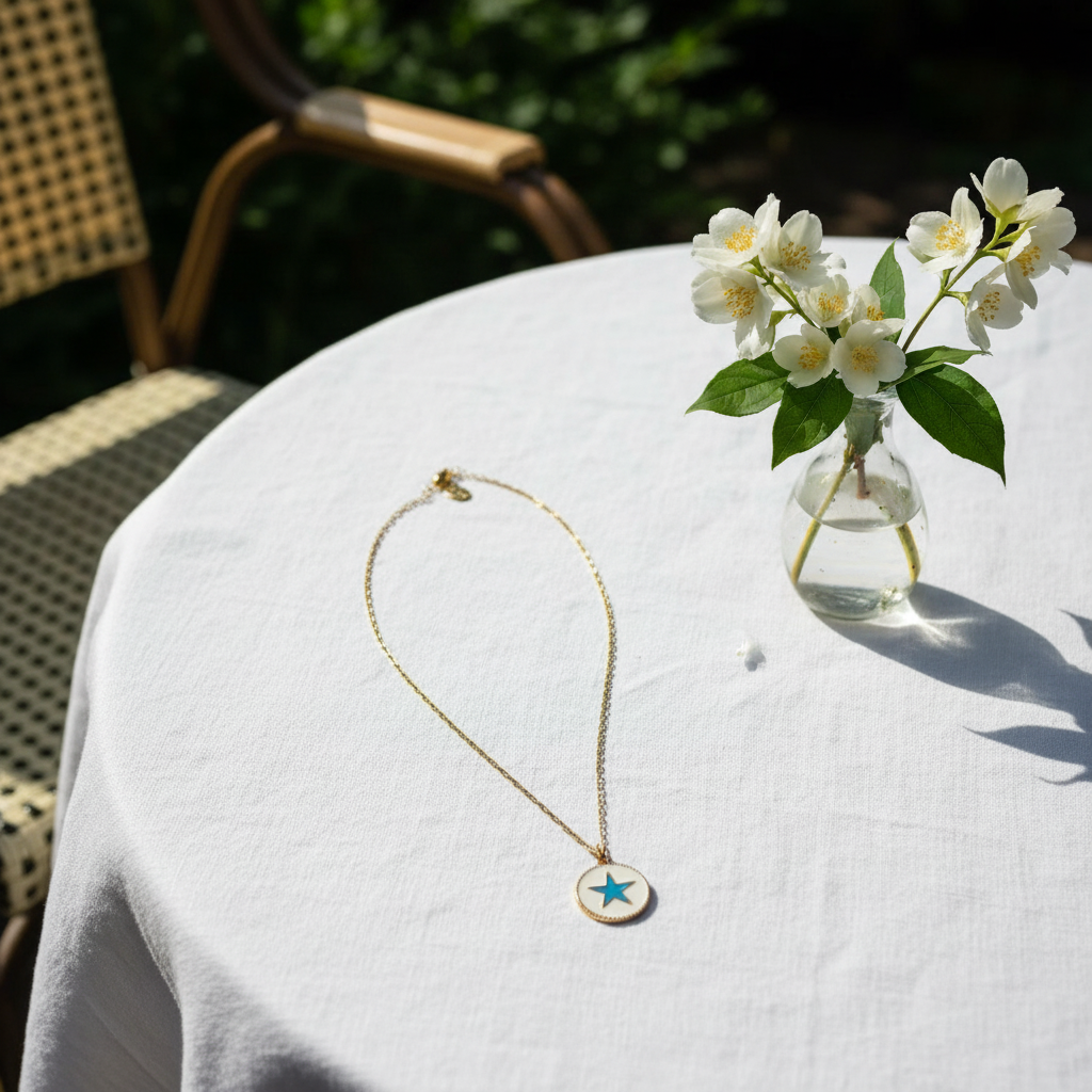 Celestia Turquoise Star Necklace- Gold necklace with a blue star pendant on a white tablecloth with a vase of flowers.