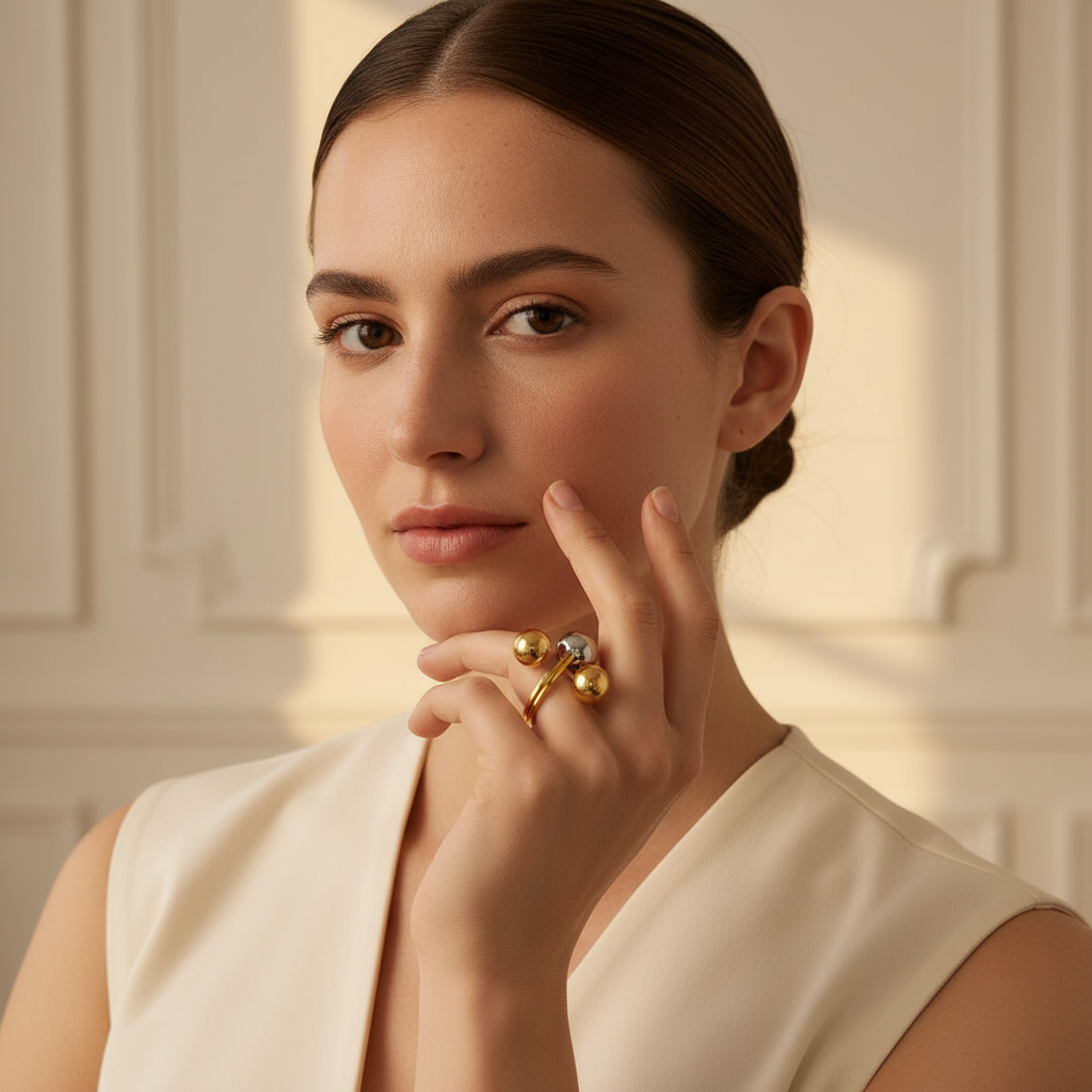 Woman wearing the Celestial Balance Ring with a neutral background
