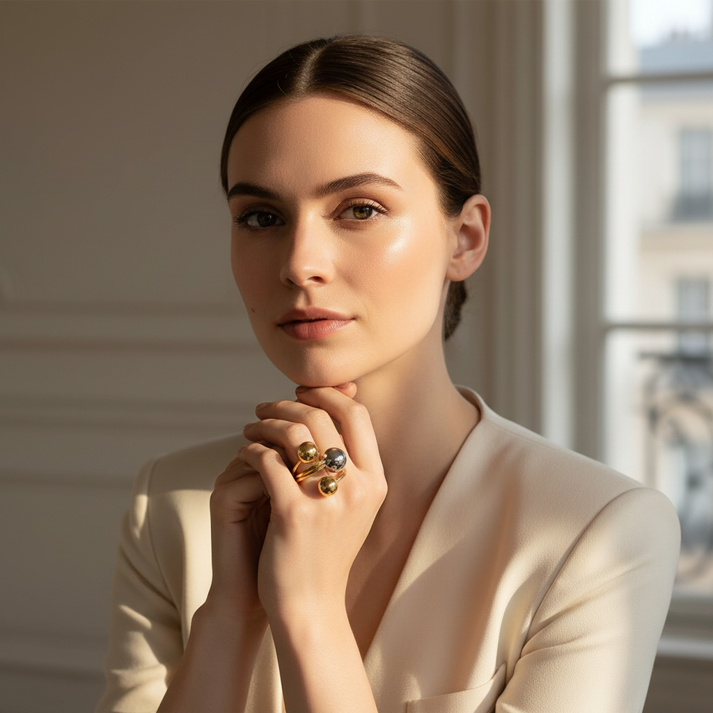 Woman wearing the Celestial Balance Ring in a softly lit room