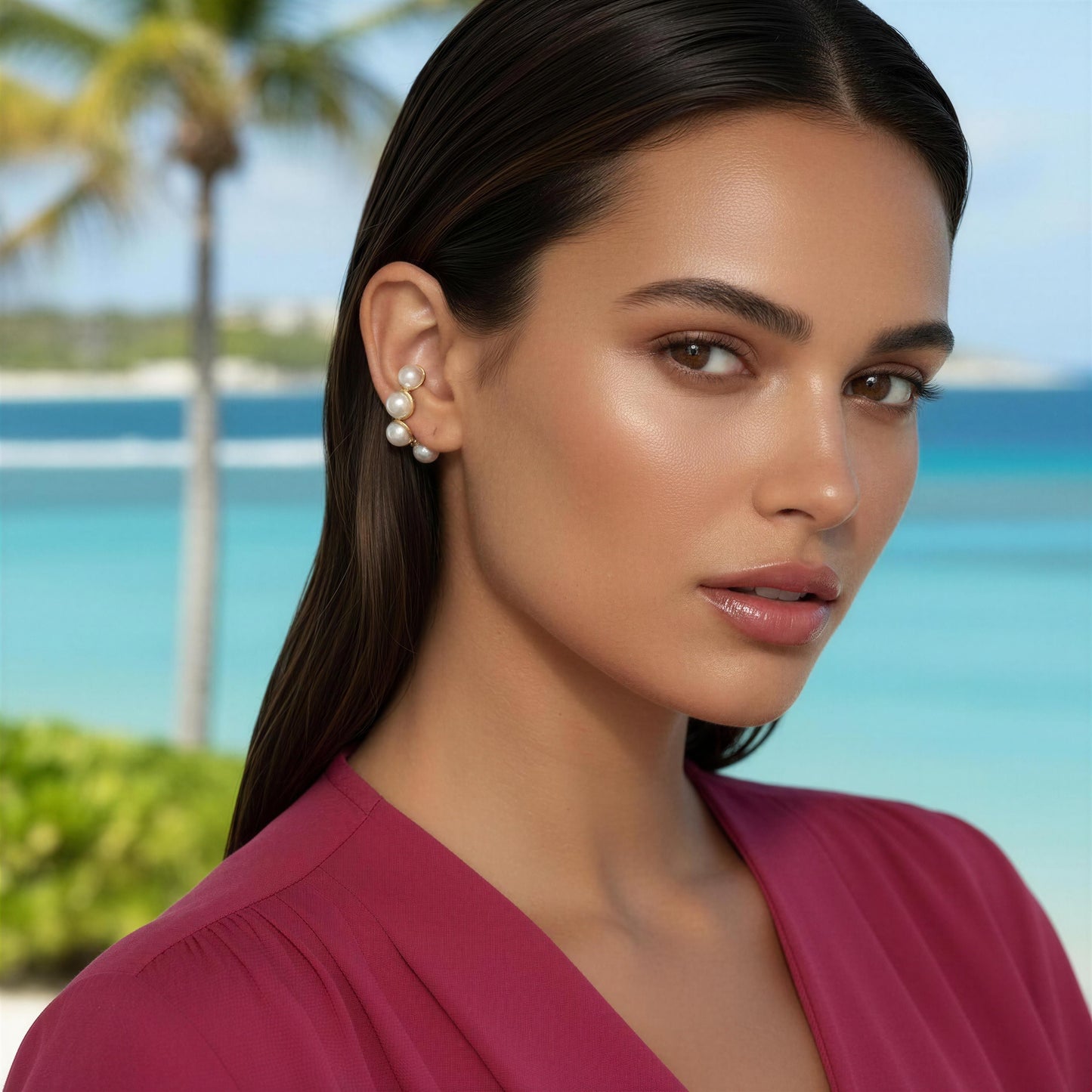 Woman wearing the Celestial Pearl Cuff with a beach and palm tree in the background