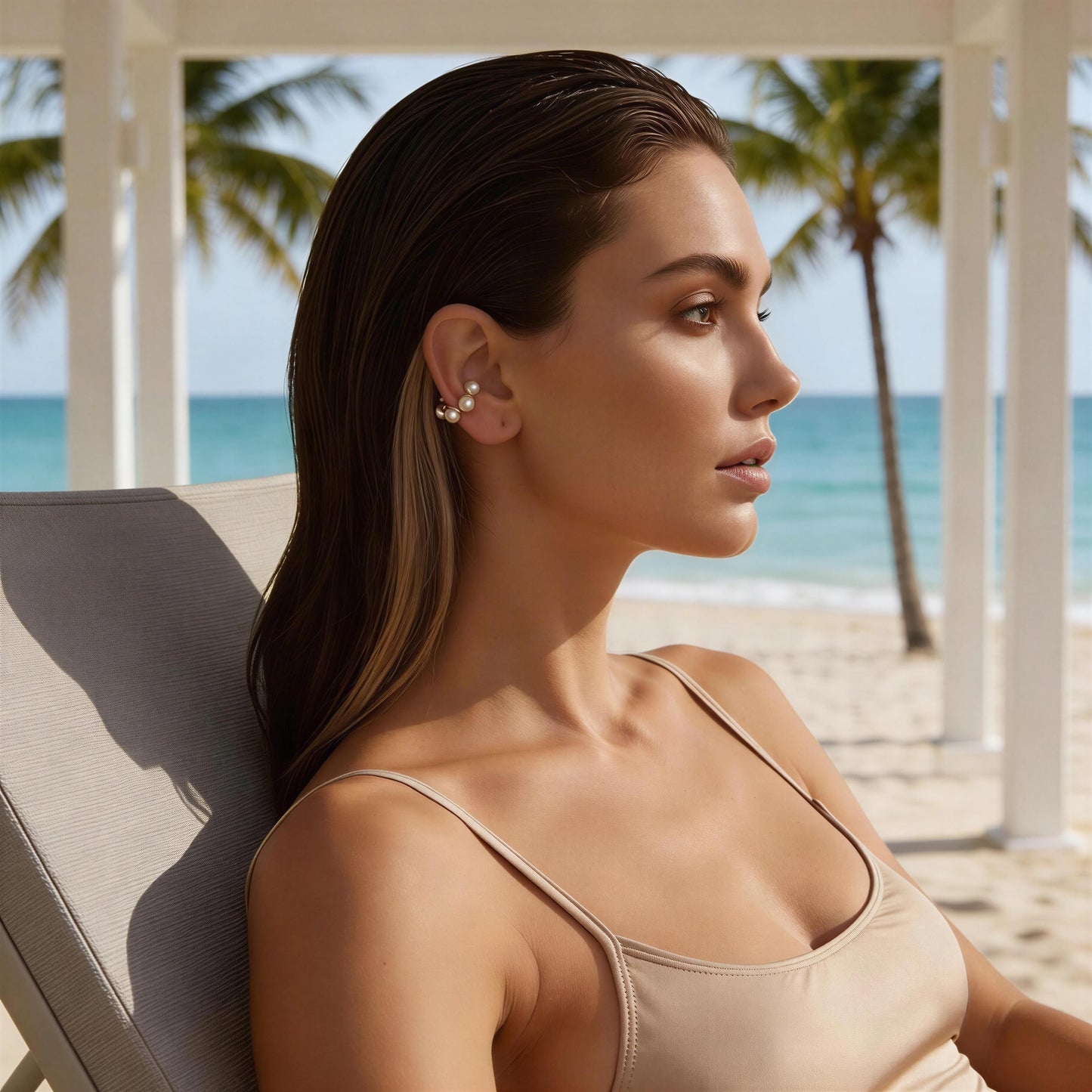Woman sitting on a beach chair by the ocean with palm trees in the background wearing the Celestial Pearl Cuff