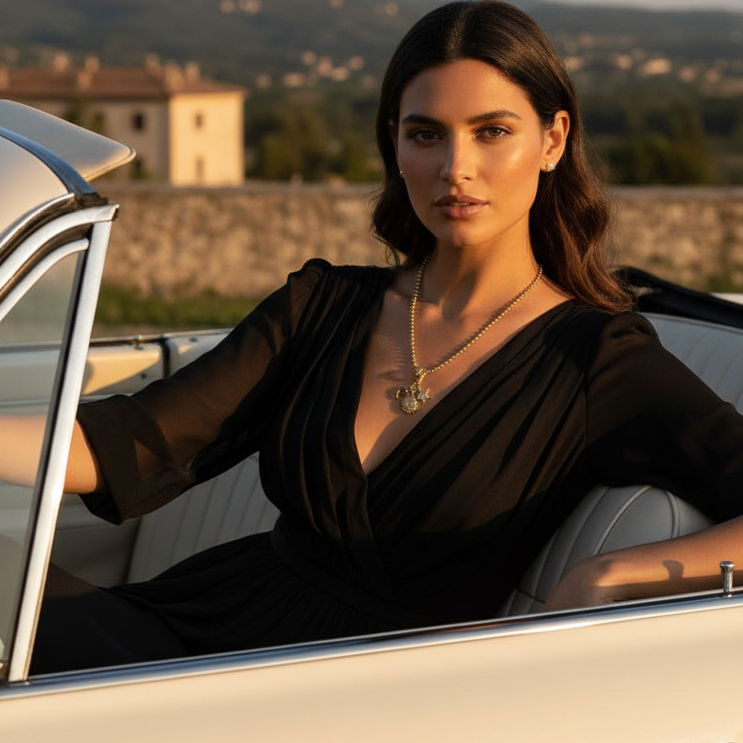 Woman sitting in a vintage car with a scenic background wearing the Celestial Trinity Charm Necklace 