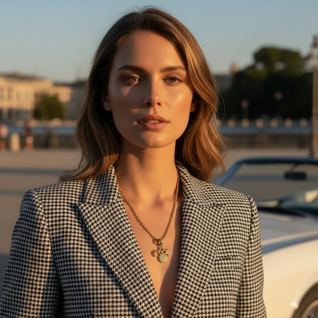 Woman in a checkered blazer standing outdoors with a blurred background wearing the Celestial Trinity Charm Necklace 