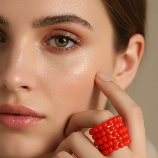 Close-up of a person wearing a red beaded Chica Chica Jewelry ring on a neutral background