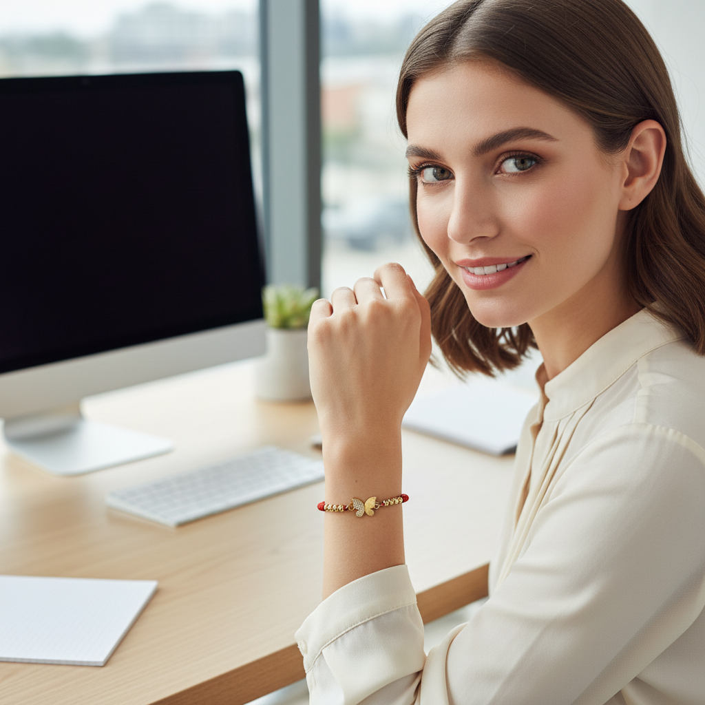 Woman sitting at a desk in an office setting, wearing a bracelet.