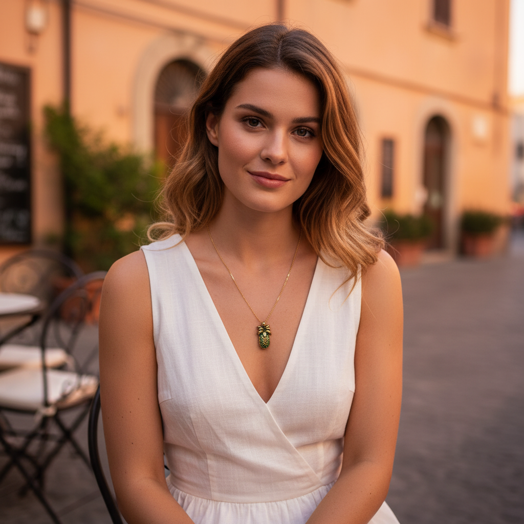 Woman in a white dress standing outdoors with a warm glow wearing the Isla Pineapple Necklace