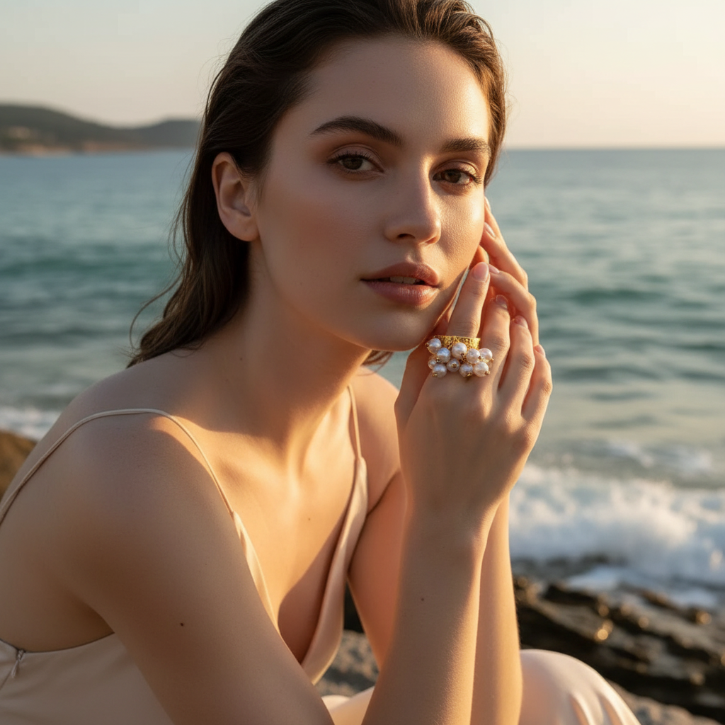 Woman sitting by the ocean wearing a pearl necklace and ring.