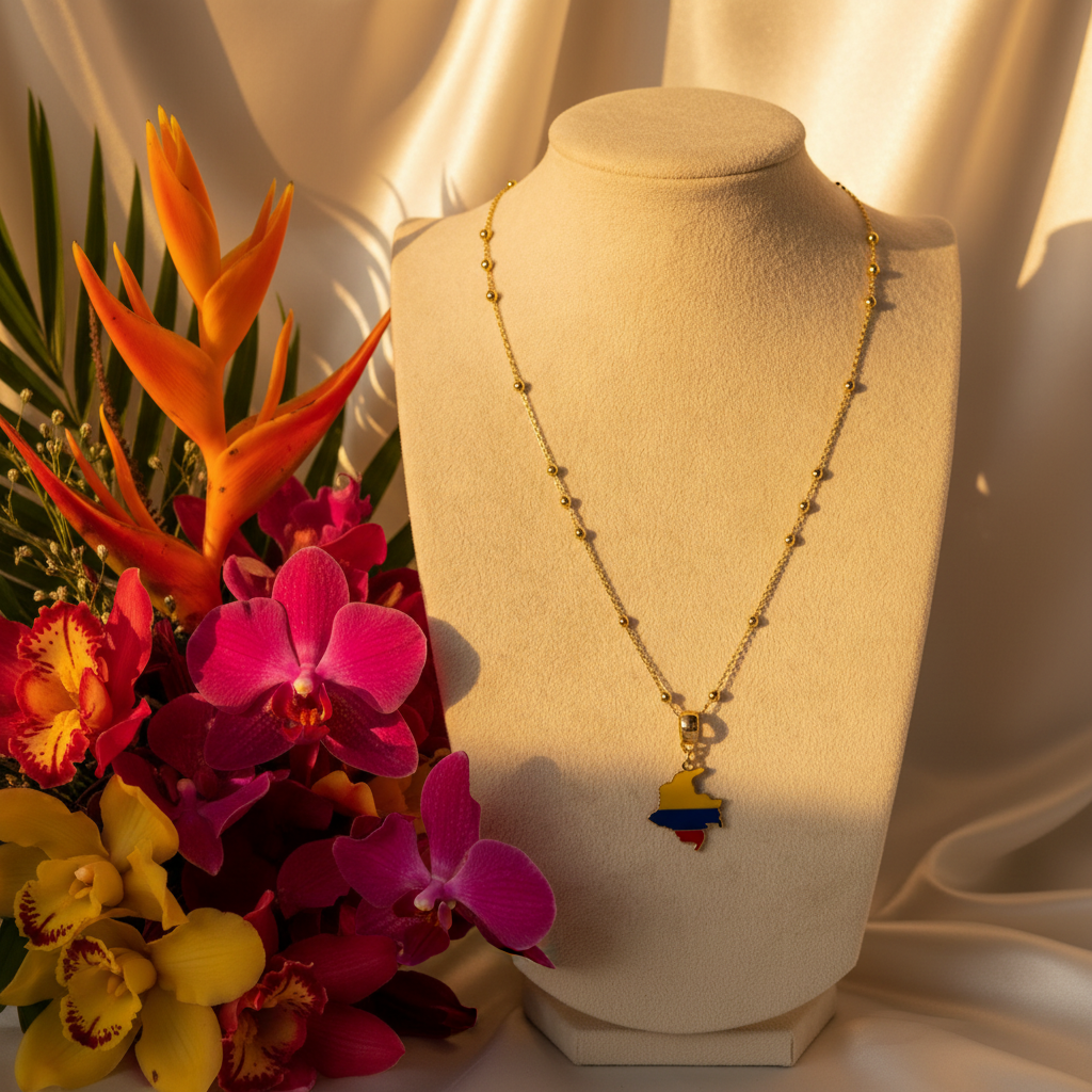 The Bacatá Necklace with a colorful Colombian map pendant on a mannequin bust next to tropical flowers