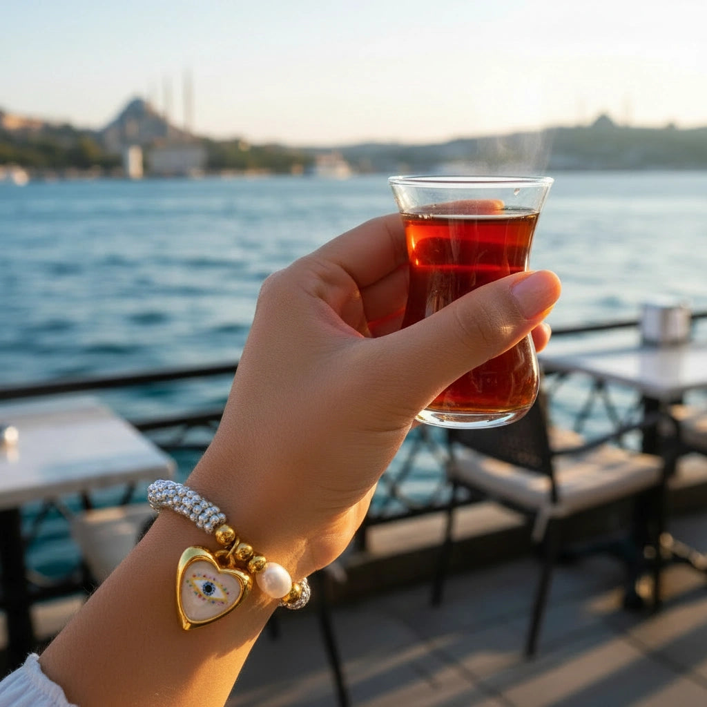Aegis Aura bracelet worn on wrist while holding a traditional Turkish tea glass, featuring silver beads, gold accents and heart evil eye charm.