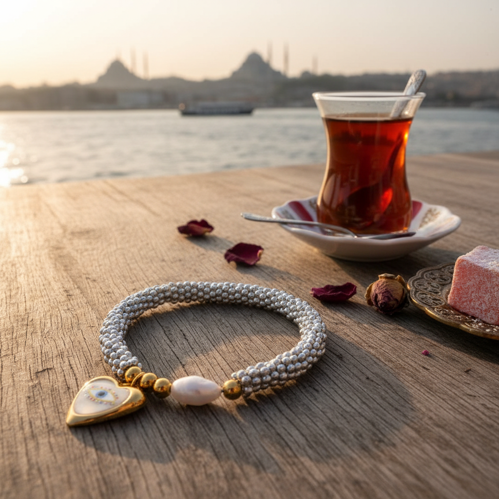 Aegis Aura bracelet resting on a wooden table beside Turkish tea, highlighting silver beaded stretch design, gold accents and evil eye heart charm.
