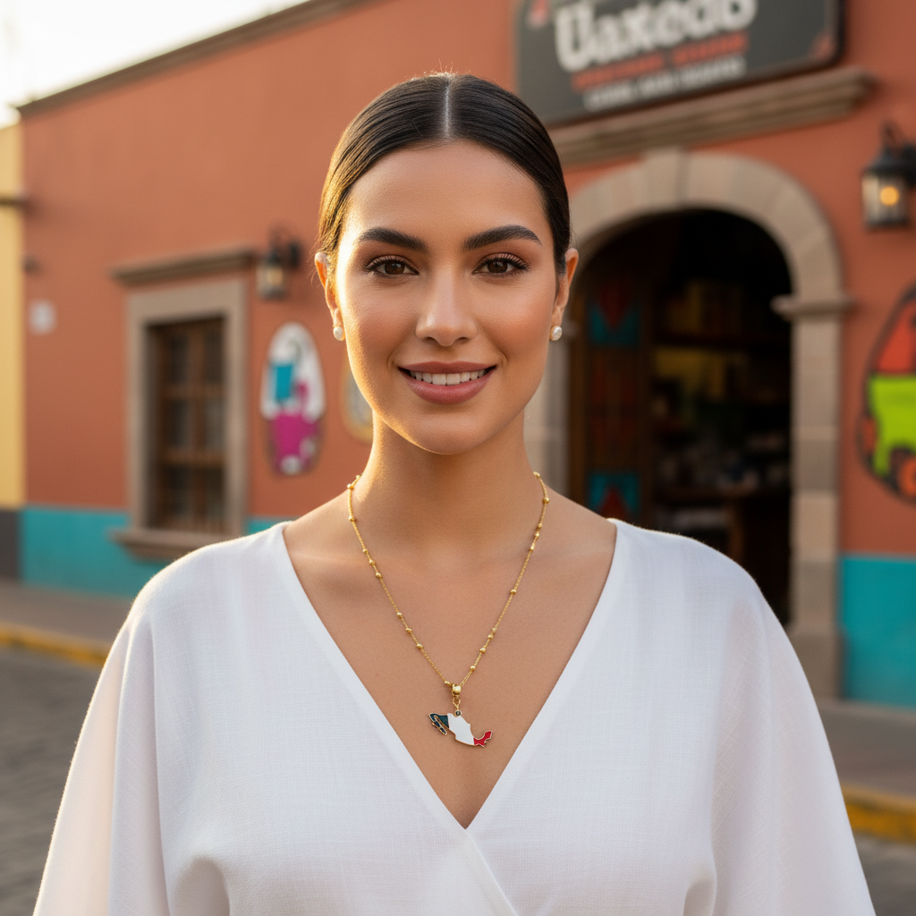 Woman wearing a white top and the Alma Mexicana Necklace with the Mexico flag pendant, standing in front of a colorful building.