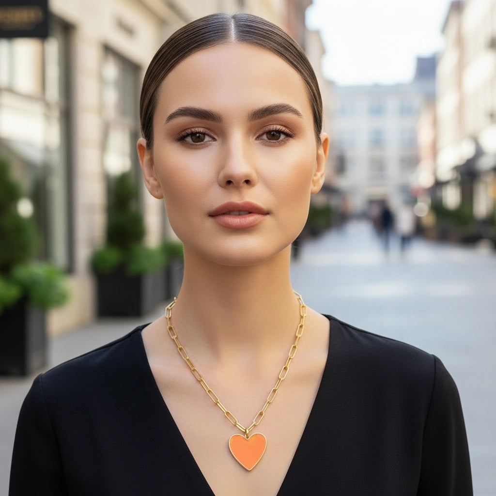 Woman wearing a gold necklace with an orange heart pendant on a city street.