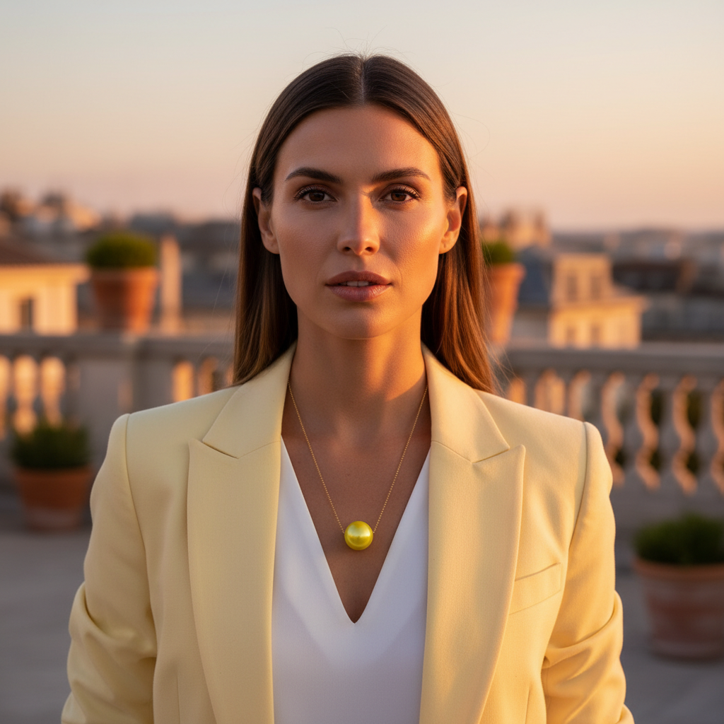 Woman in a yellow blazer standing on a rooftop with cityscape in the background wearing the Canary Yellow Petite Sphere Necklace