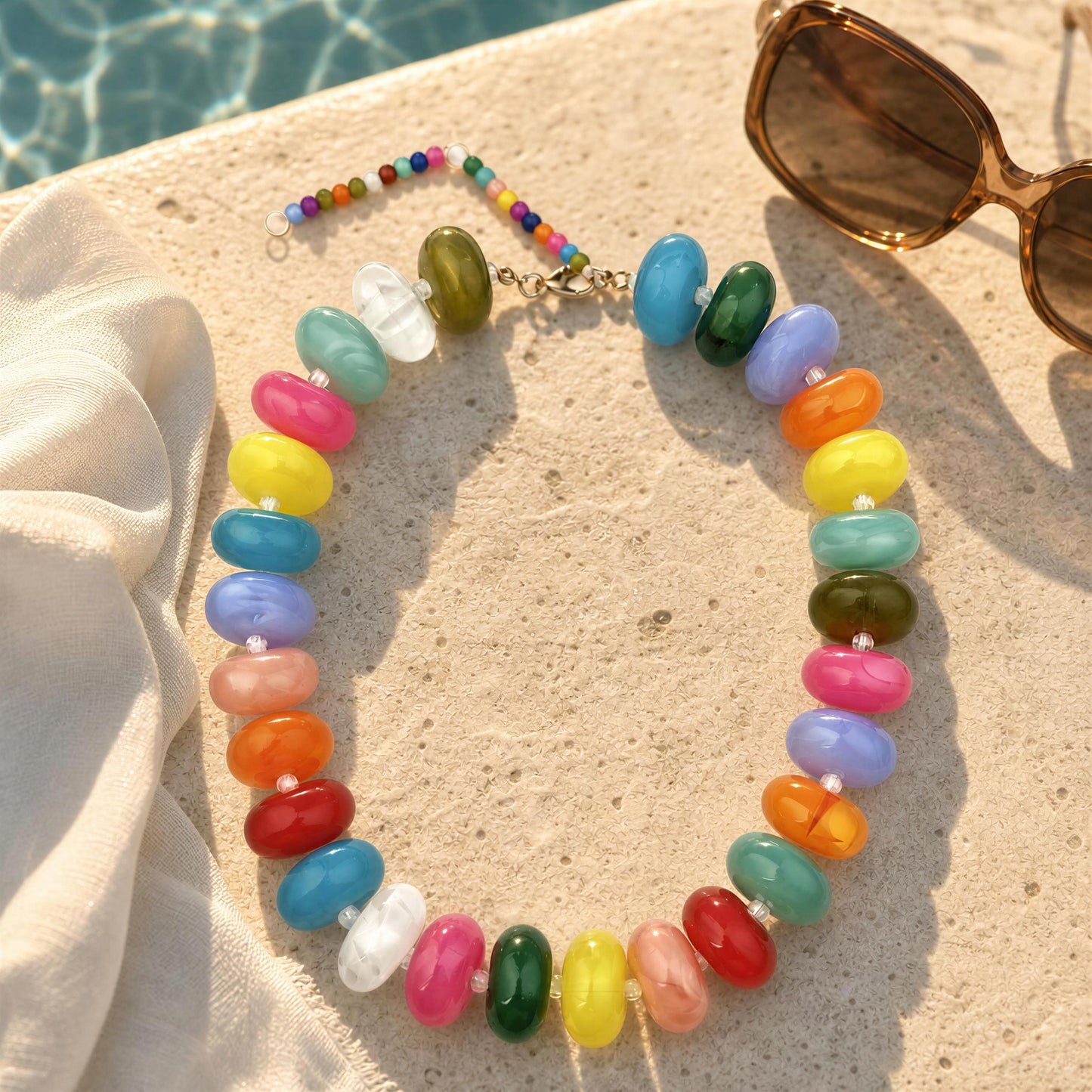 The Capri Multicolore Choker, a colorful beaded necklace made of glossy, translucent oval beads in multiple bright colors, arranged on a light stone surface next to a white fabric drape and sunglasses.