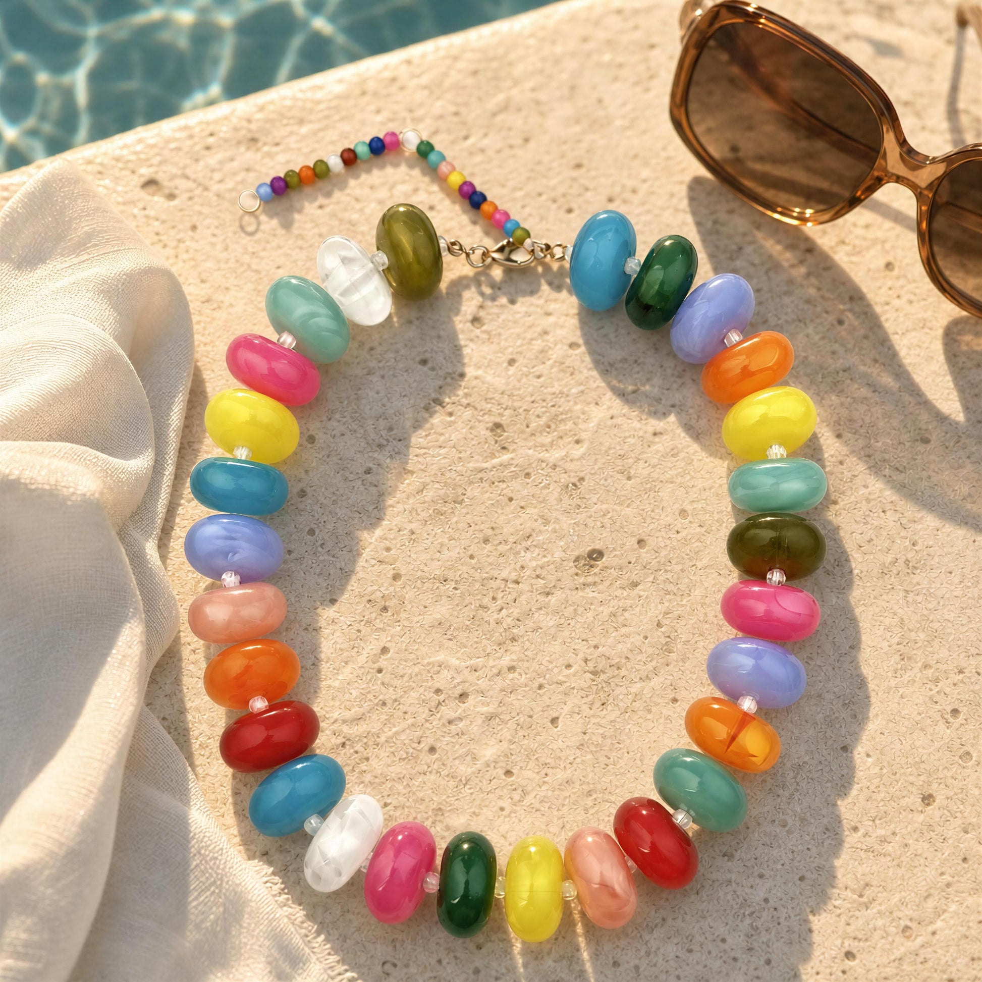 The Capri Multicolore Choker, a colorful beaded necklace made of glossy, translucent oval beads in multiple bright colors, arranged on a light stone surface next to a white fabric drape and sunglasses.