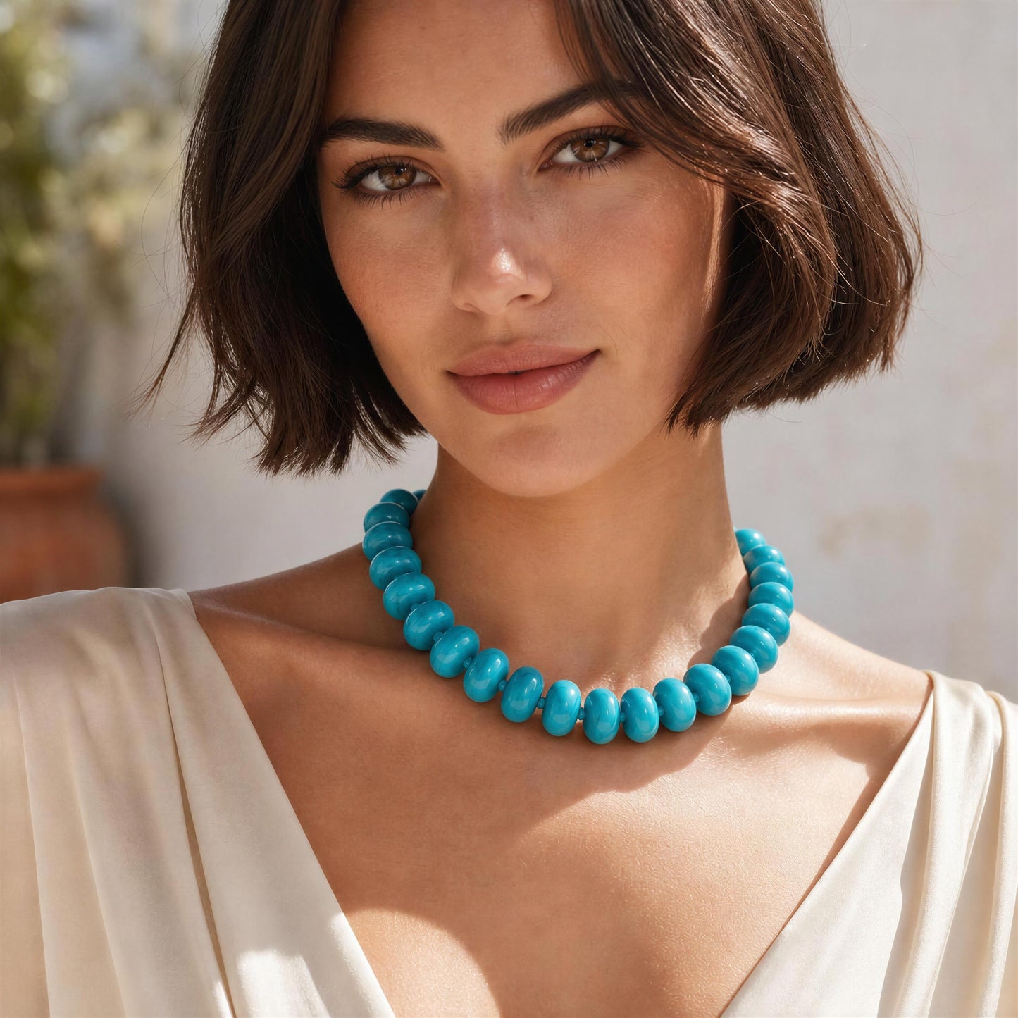 Woman wearing the Capri Turquoise Statement Choker with a neutral background