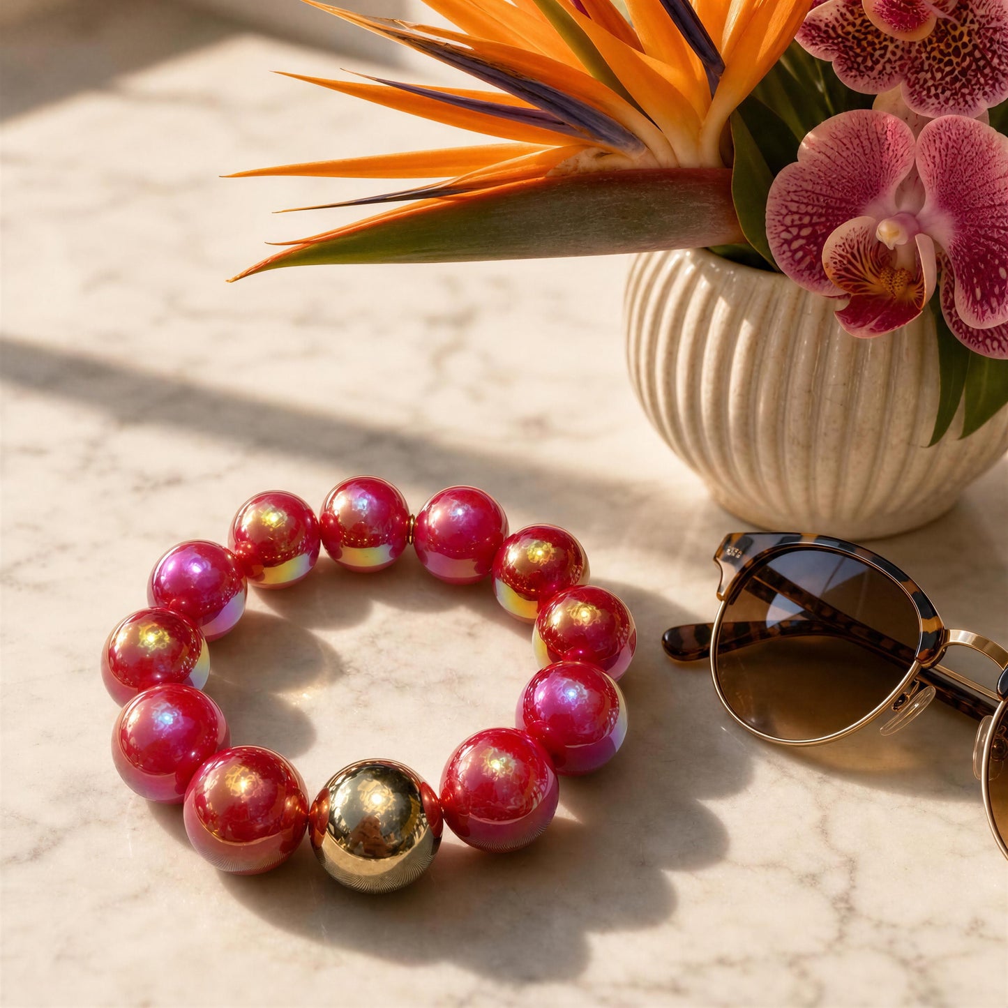 Pink beaded bracelet with gold accents on a marble surface with sunglasses and a potted plant.