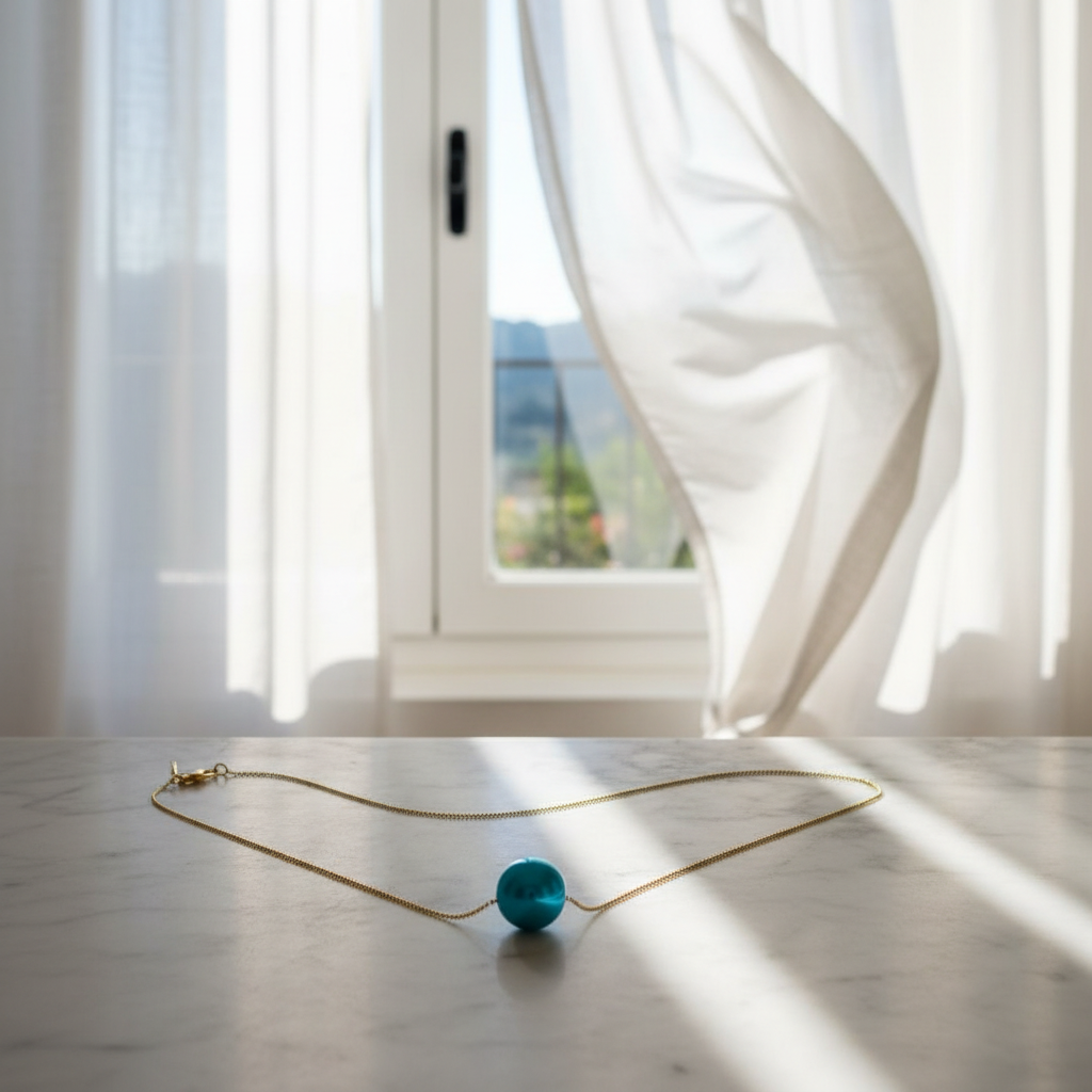 The Cielo Petite Sphere Necklace on a marble surface in front of a window with white curtains.