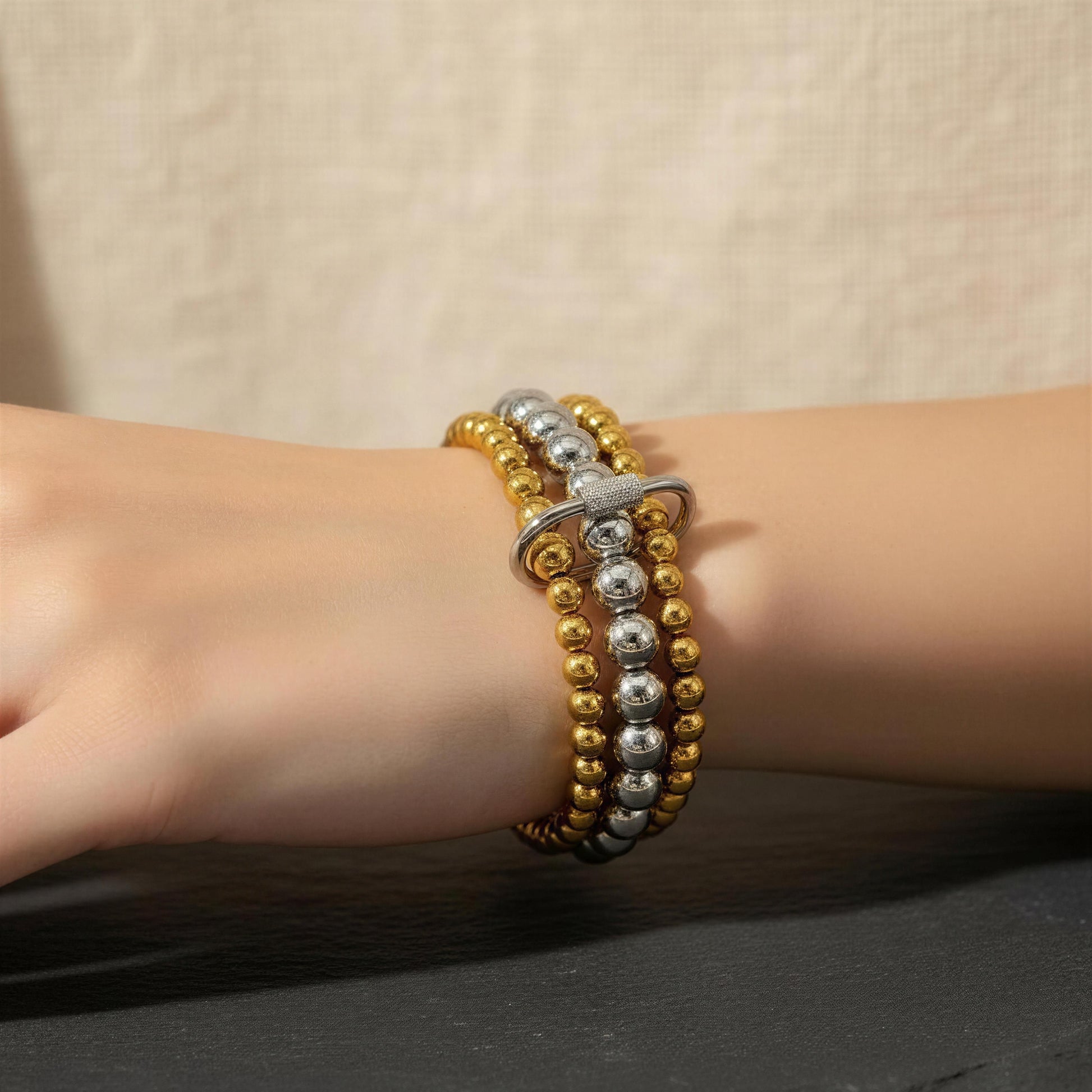 Model’s wrist wearing the Dual Radiance Bracelet