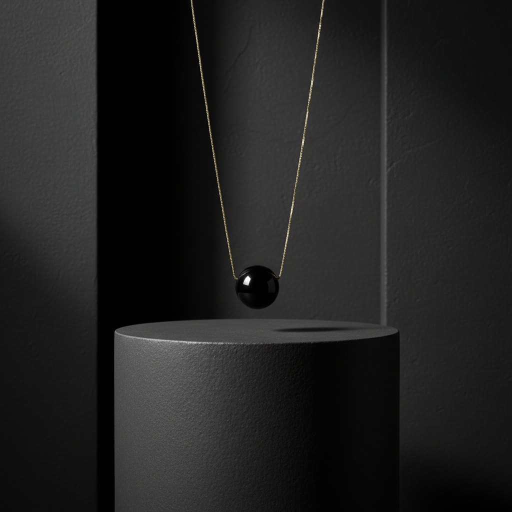 The Ebony Bead Necklace with a black pendant on a dark background