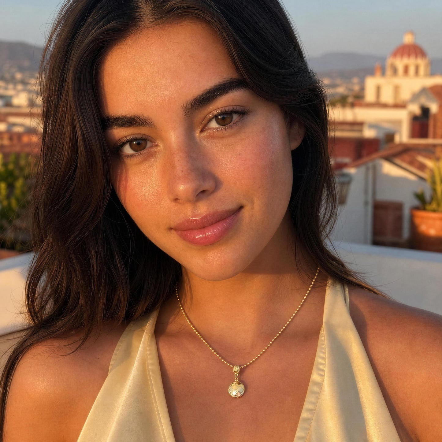 Woman with the Gol Dorado Necklace on a rooftop with a scenic background