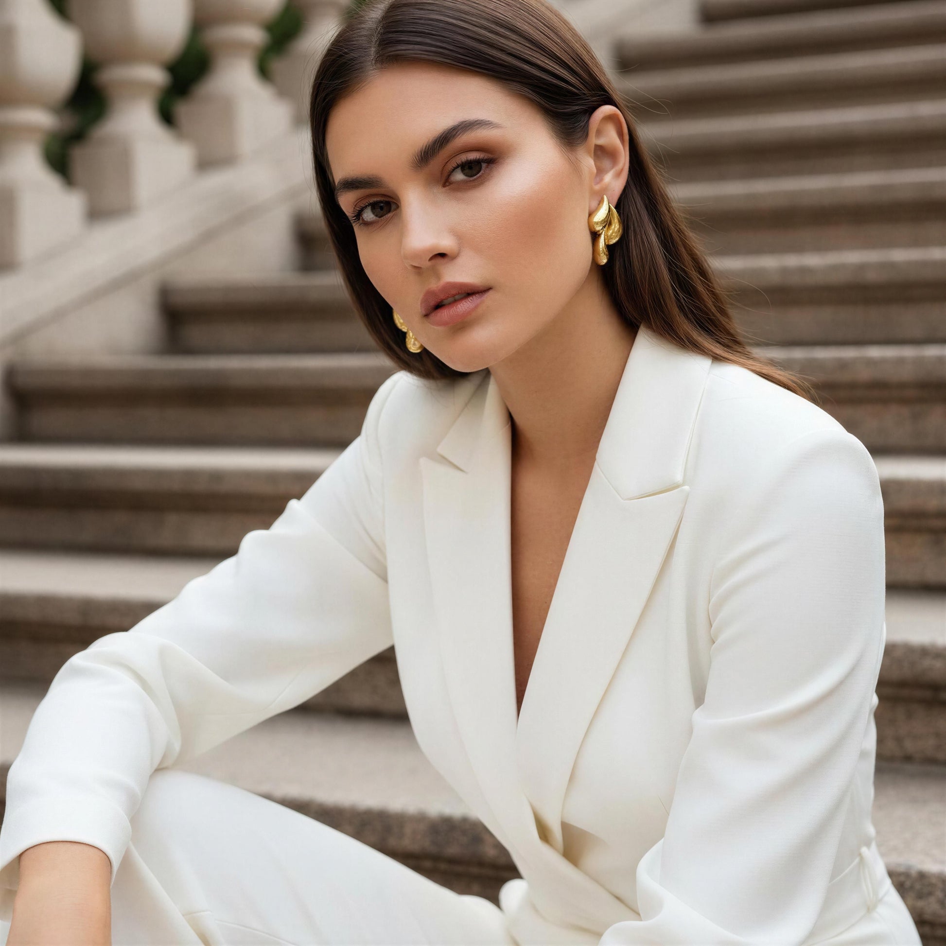 Woman in a white suit sitting on steps wearing the Golden Molten Wave Drop Earrings. 