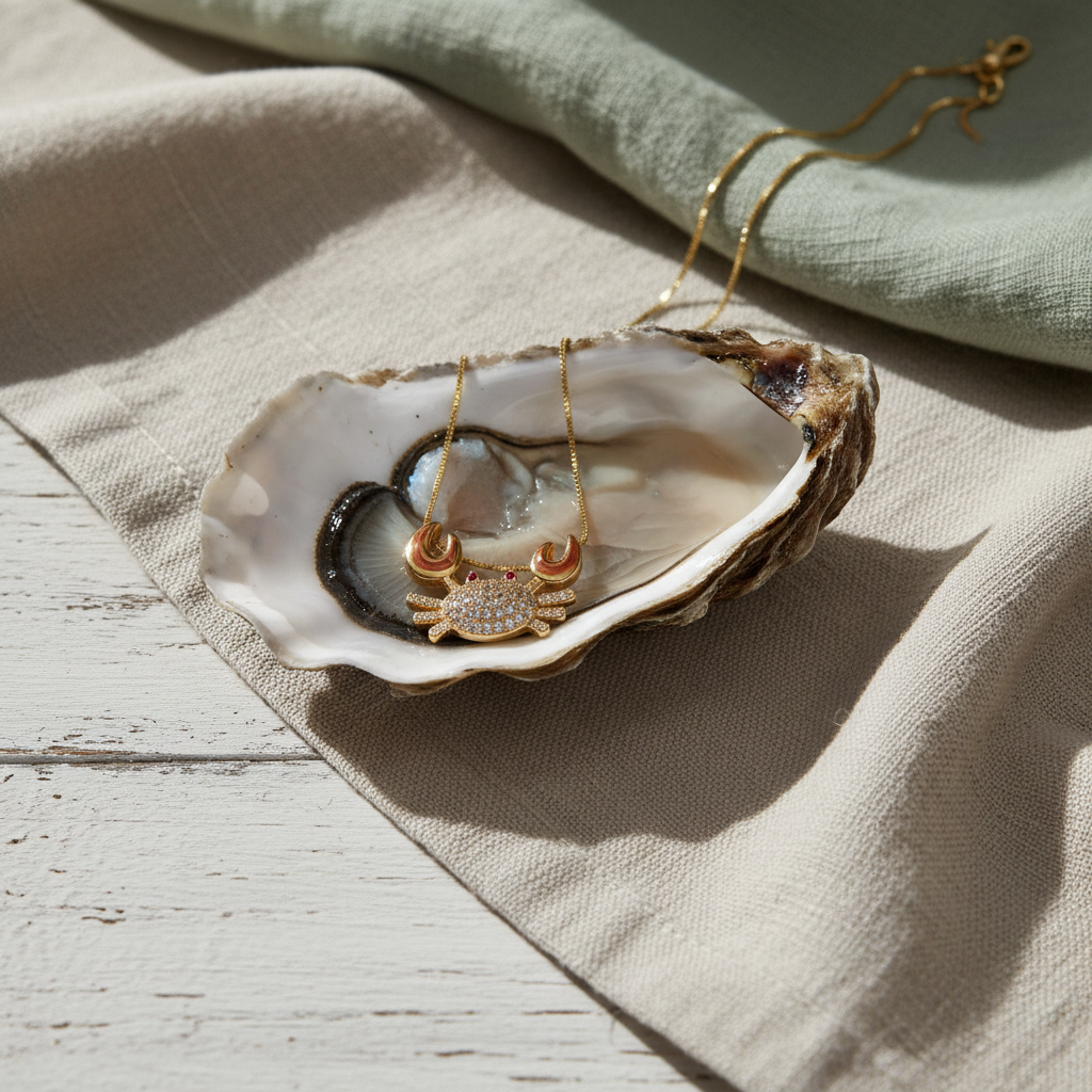 Golden Tides Crab Necklace in an oyster shell on a textured surface