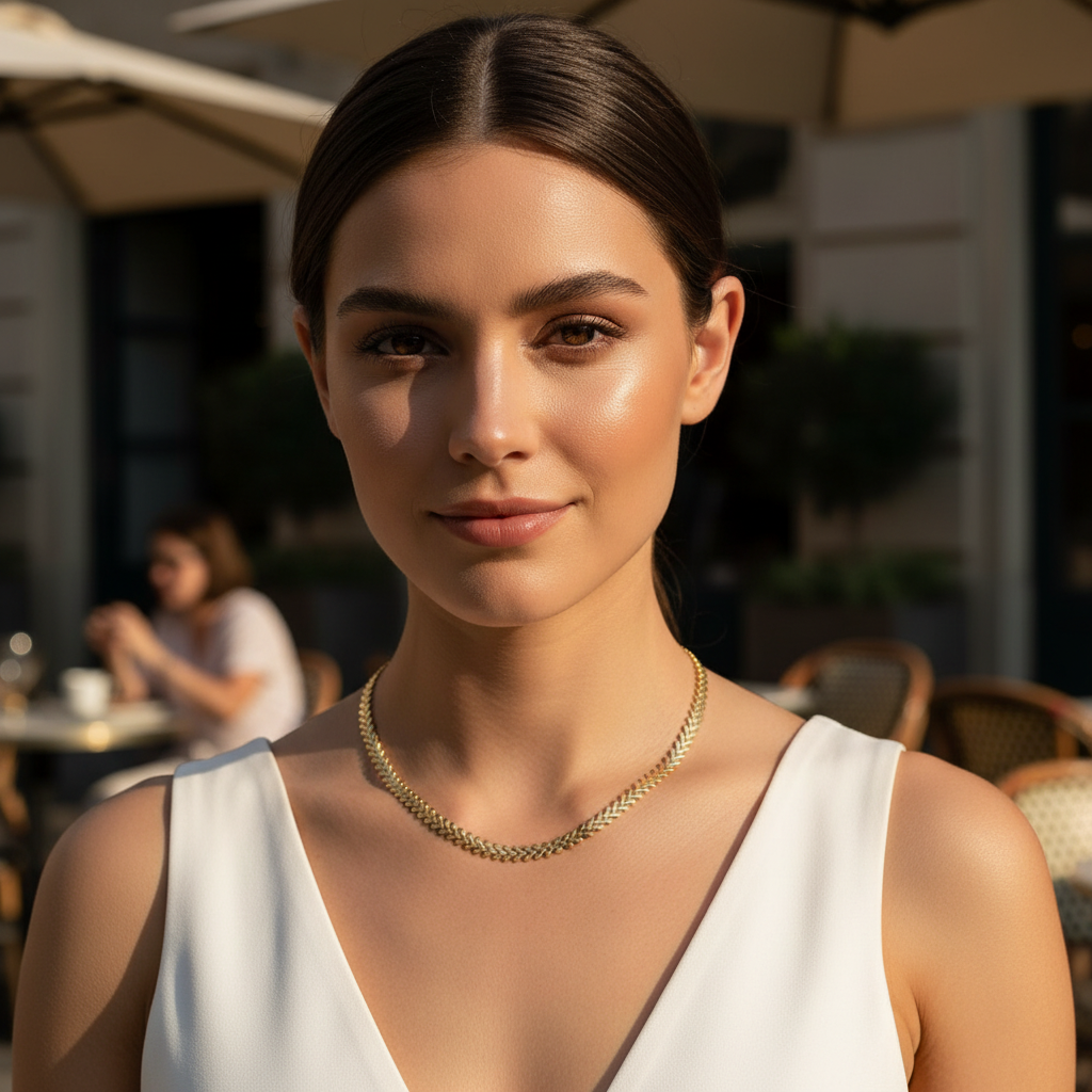 Woman wearing a white sleeveless top and the Golden Vine Necklace in an outdoor setting