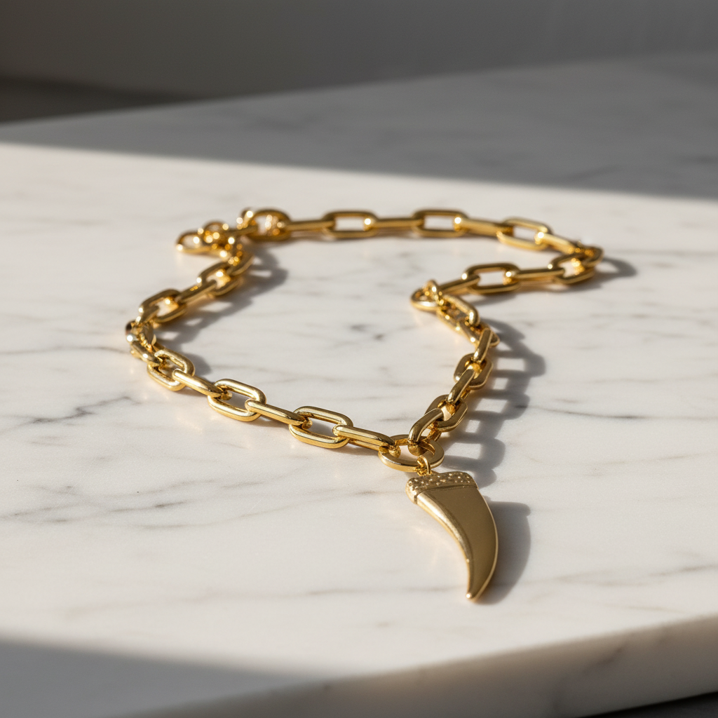 The Guardian Necklace with a sculptural pendant  on a marble surface