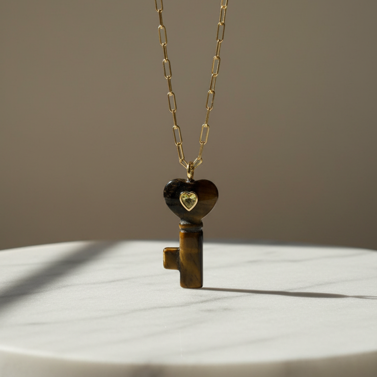 La Vita Key — Tigre Necklace with a key-shaped pendant on a marble surface