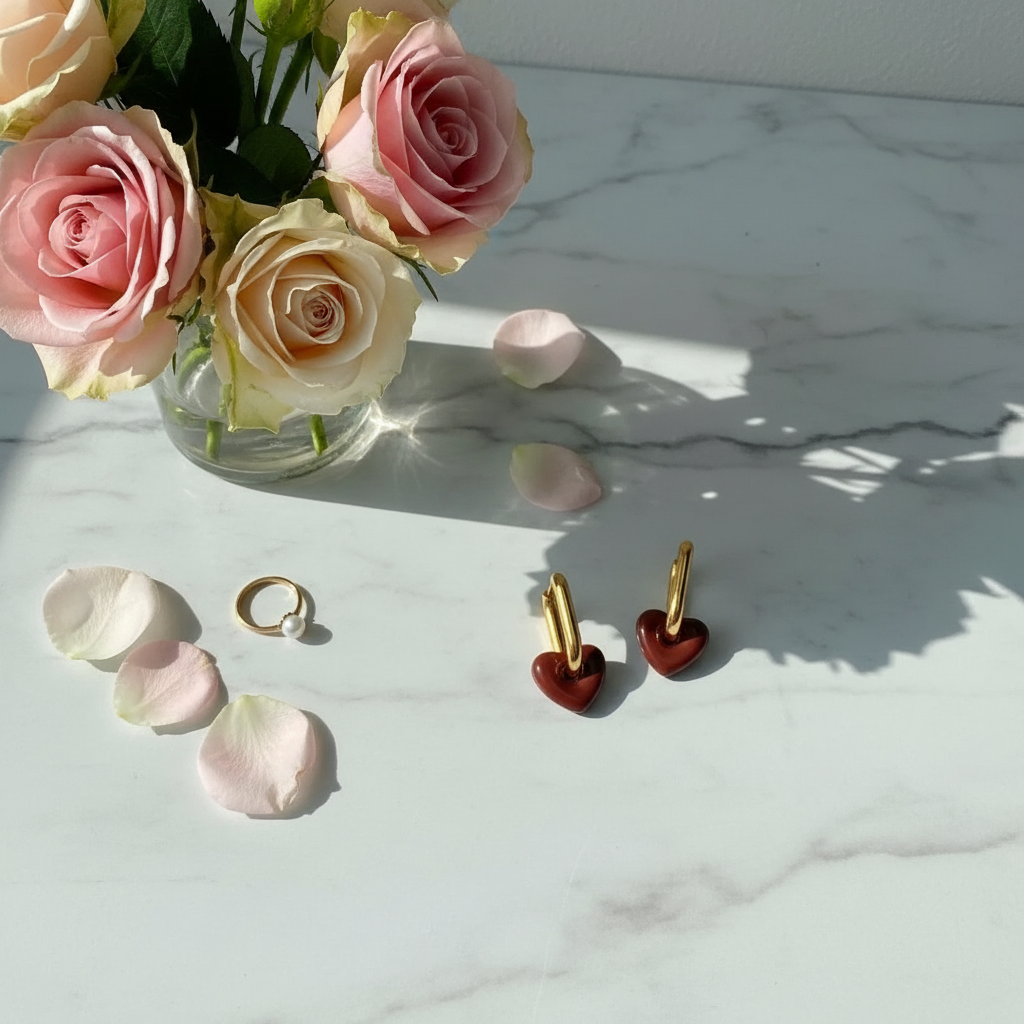 Heart-shaped earrings on a marble surface with pink roses in the background