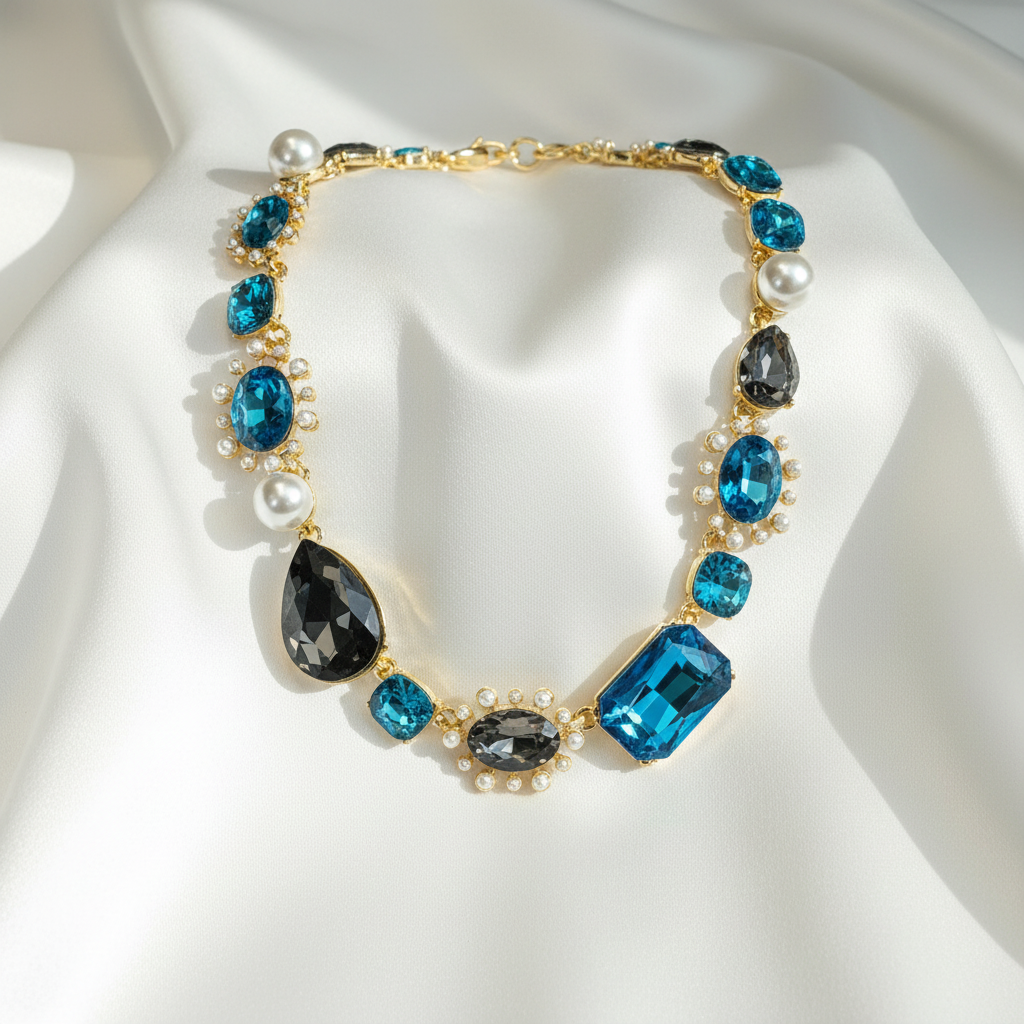 Necklace with blue and black gemstones on a white fabric background