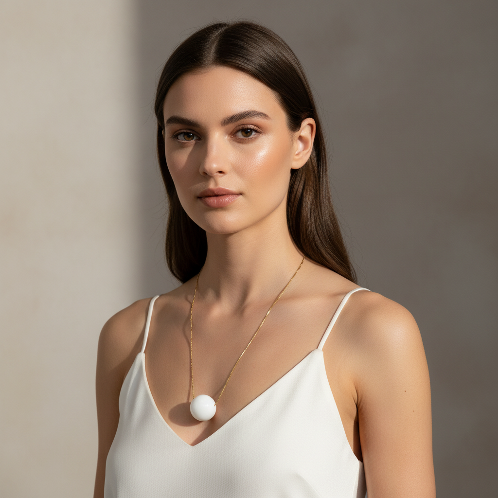 Woman wearing a white top and gold necklace with a large pendant against a neutral background