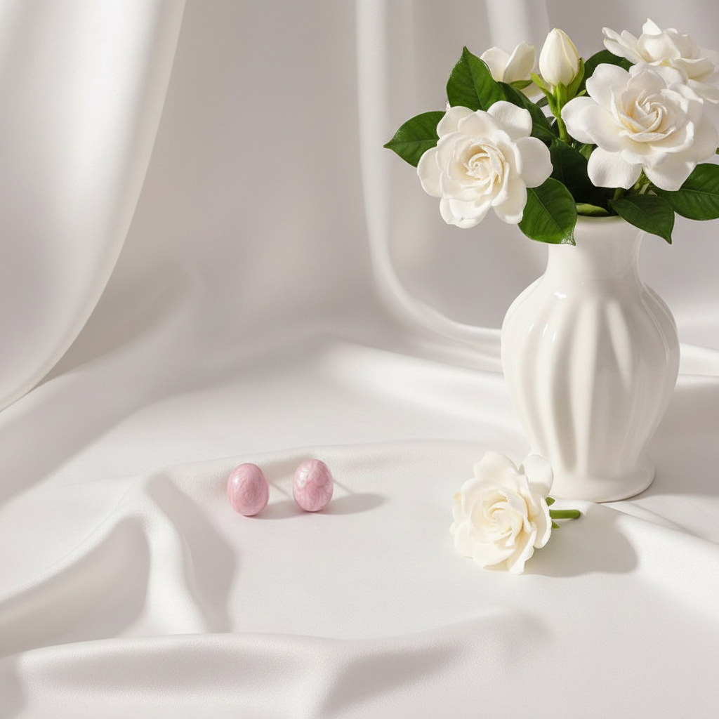 White vase with flowers and pink earrings on a white fabric background