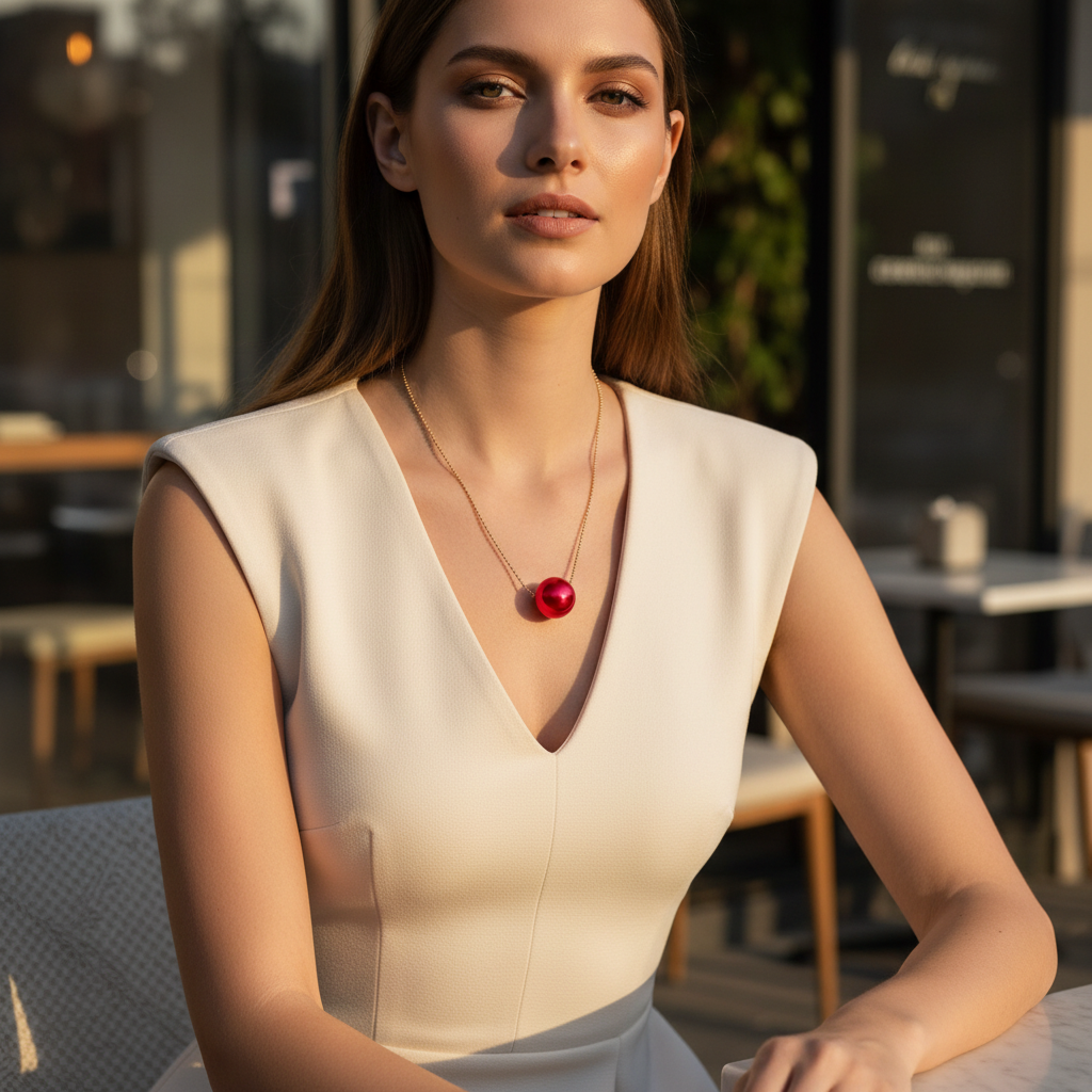 Woman wearing a beige sleeveless top with the Rubi Petite Sphere Necklace in an outdoor setting.