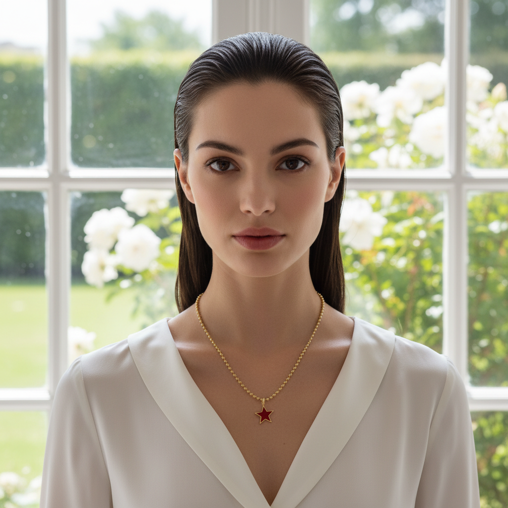 Woman wearing the Scarlet Star Necklace with a red star pendant in front of a window with greenery outside.