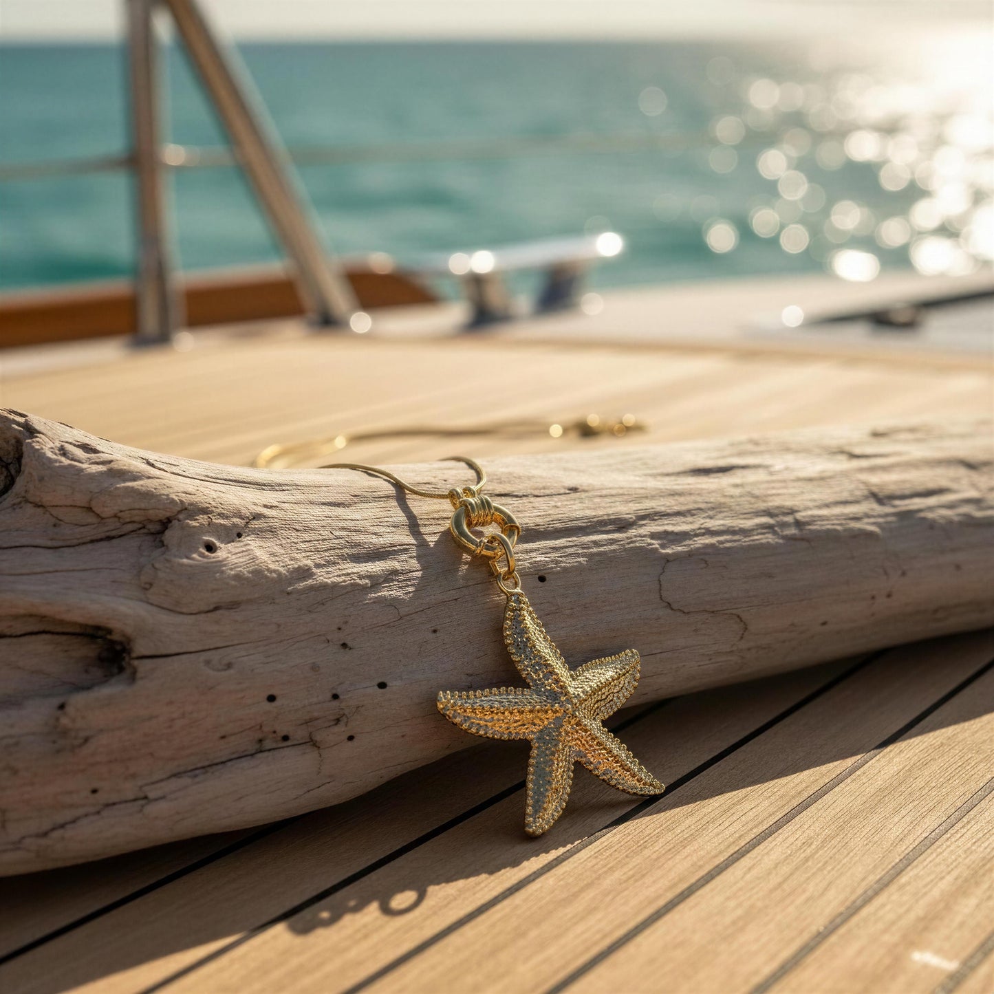 Gold starfish earring on a wooden surface with ocean background on a yacht. 