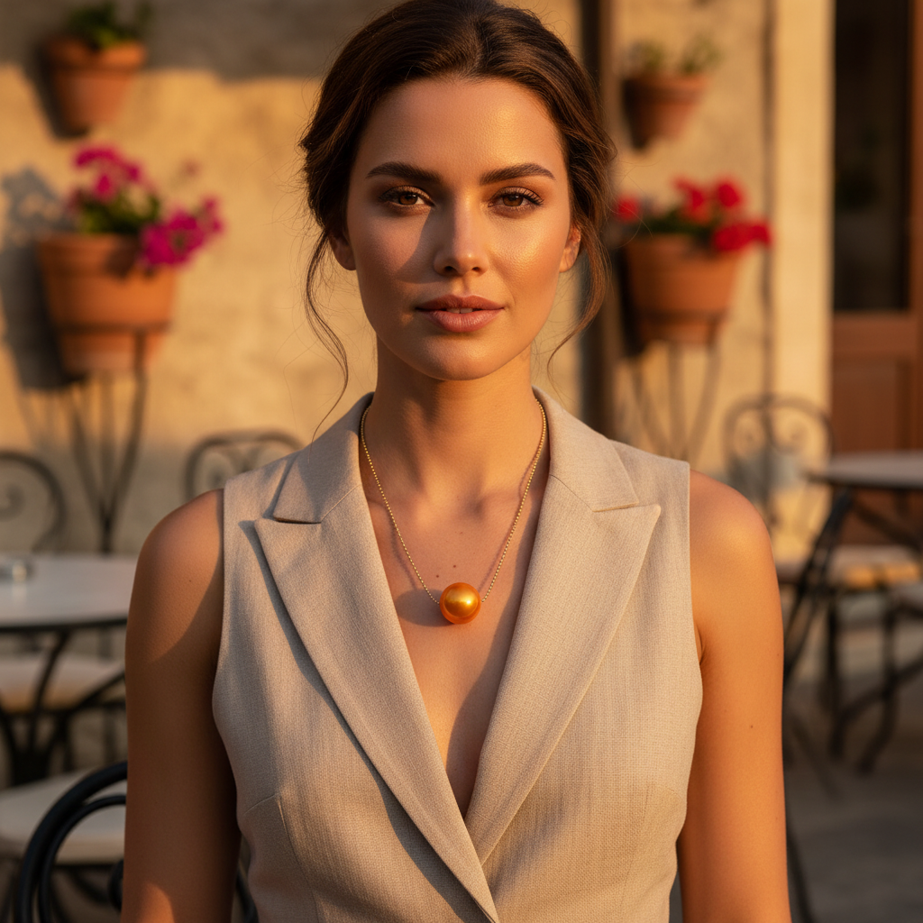 Woman in a beige sleeveless blazer standing outdoors with tables and flowers in the background wearing the Tangerine Petite Sphere Necklace  from Chica Chica Jewelry