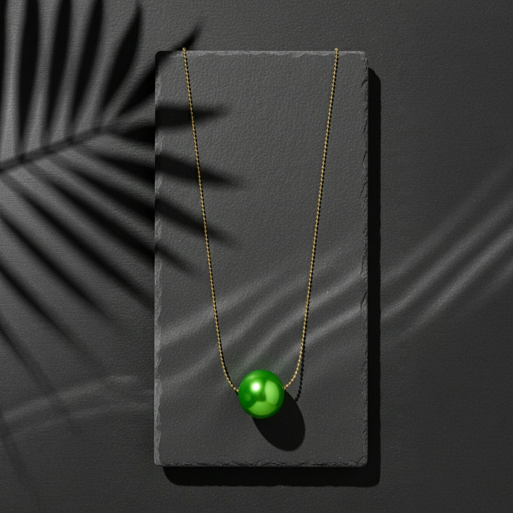 The Verde Petite Sphere Necklace with a green pendant on a dark gray rectangular stone surface