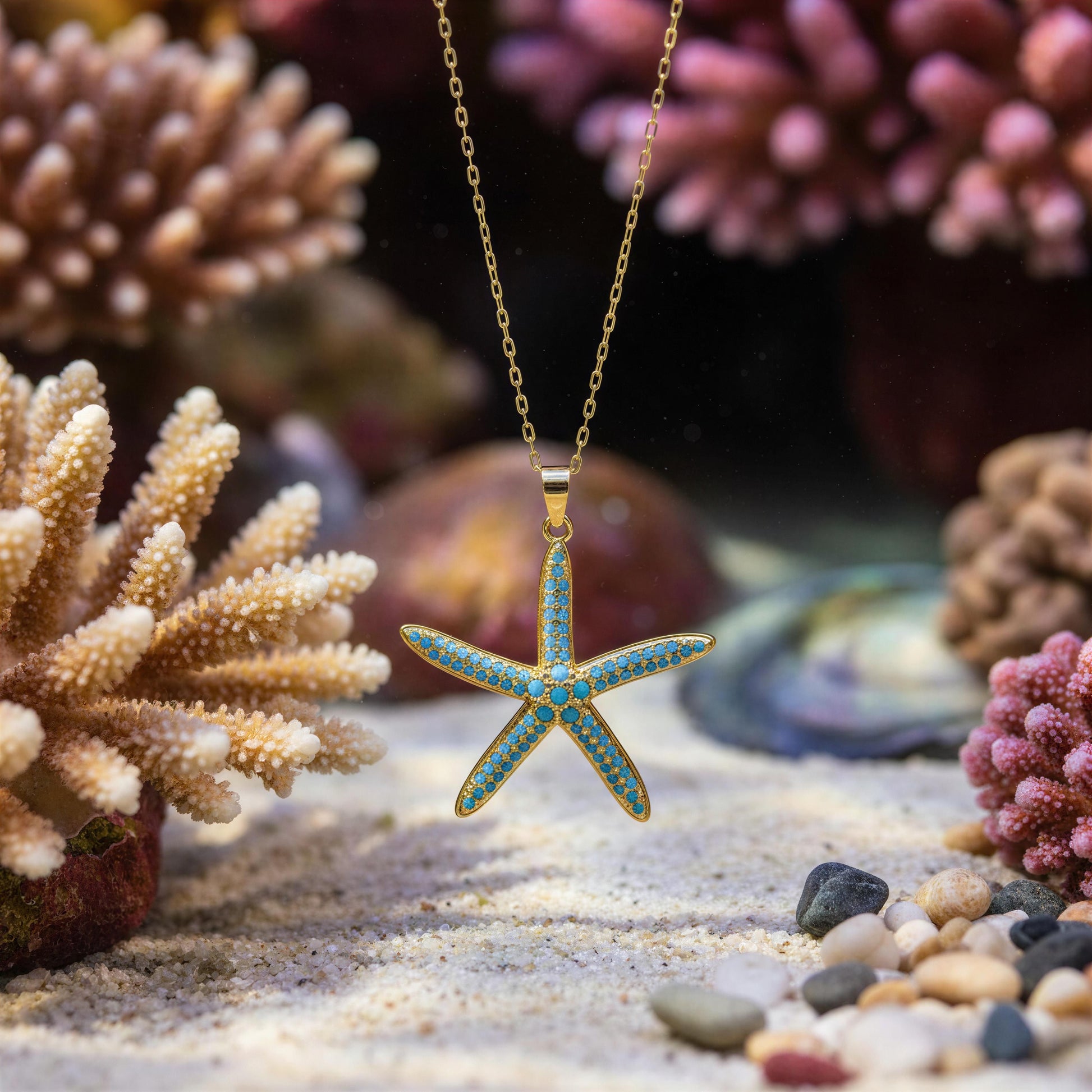 The Chica Chica Jewelry  Asteria Necklace, a 18k gold-plated starfish pendant necklace with turquoise blue stones, suspended over a sandy ocean floor with coral and shells in the background.