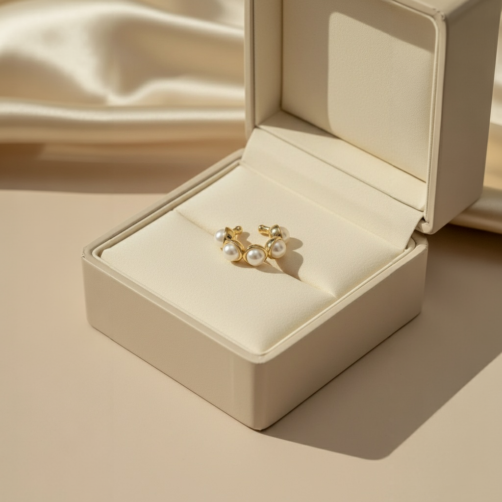 The Celestial Pearl Cuff in an open beige jewelry box on a beige fabric background