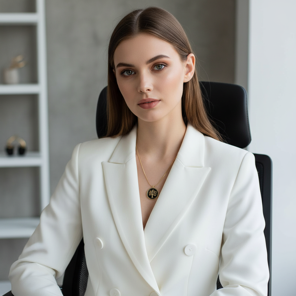 Woman in a white blazer sitting in an office chair wearing the Eternal Tree Black Medallion Necklace 
