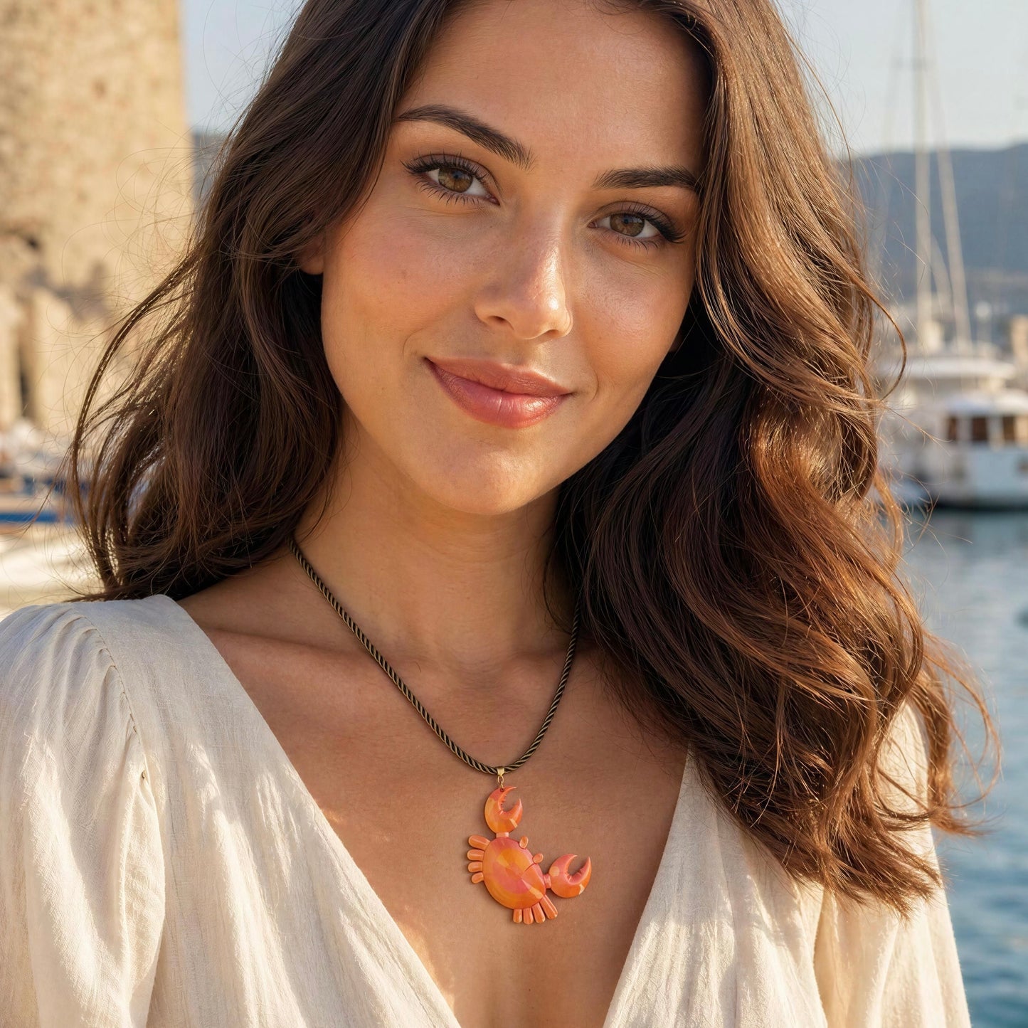 Women wearing the Granchio Necklace from Chica Chica Jewelry by the Aegean Sea.