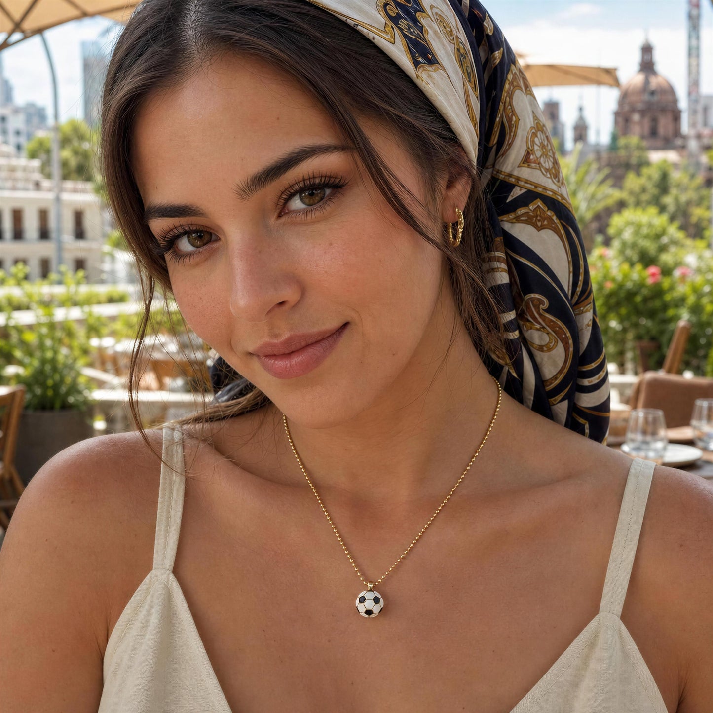 Woman wearing a patterned headscarf and La Vittoria Charm Necklace with a pendant, outdoor setting.