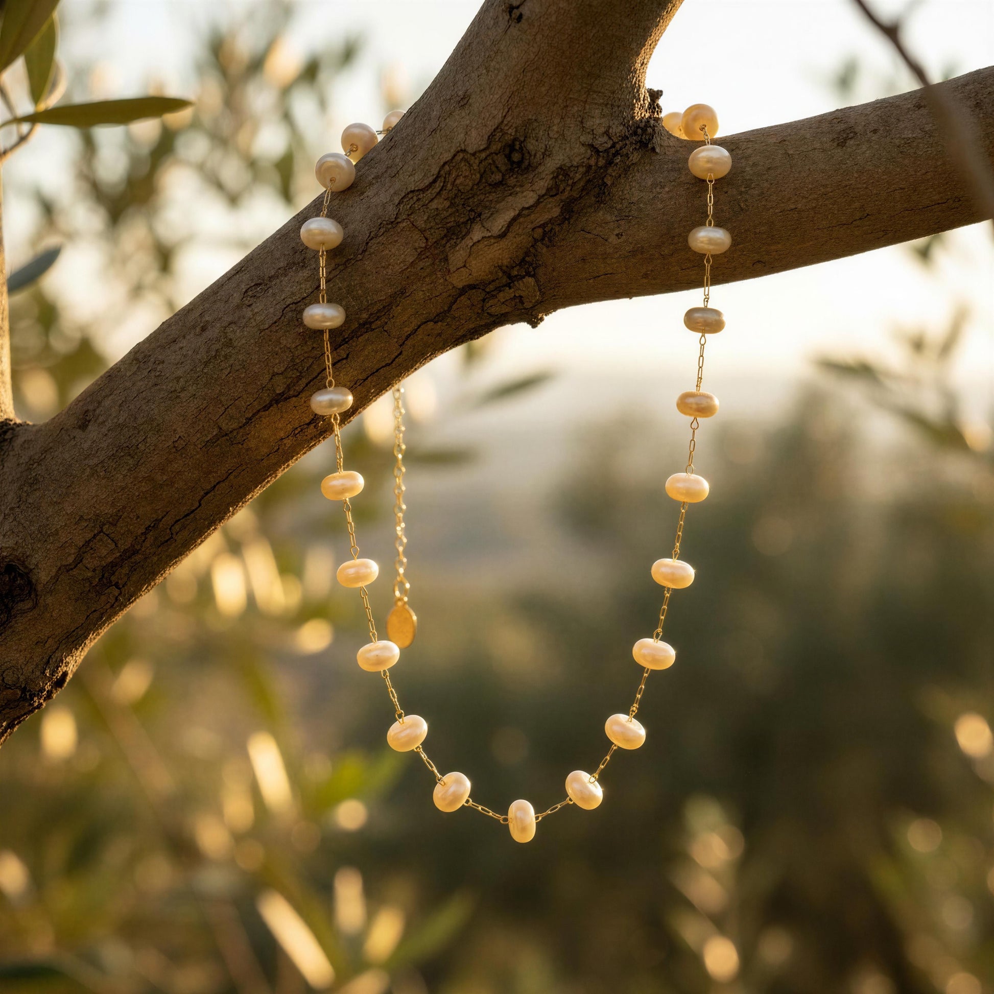The Chica Chica Jewelry Lunaria Pearl Necklace, draped over a tree branch in an outdoor setting with soft, warm-focus foliage in the background.